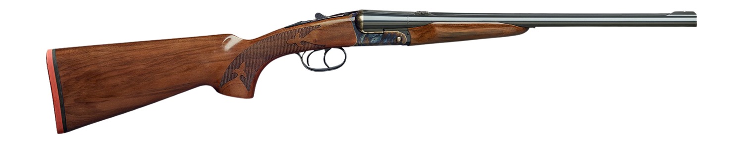 Double-barrel shotgun with wooden stock on white background
