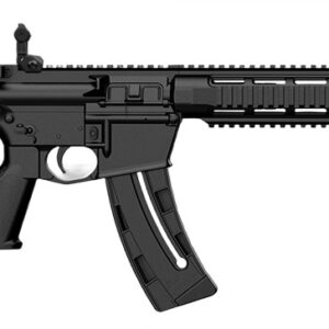 Black semi-automatic rifle on white background