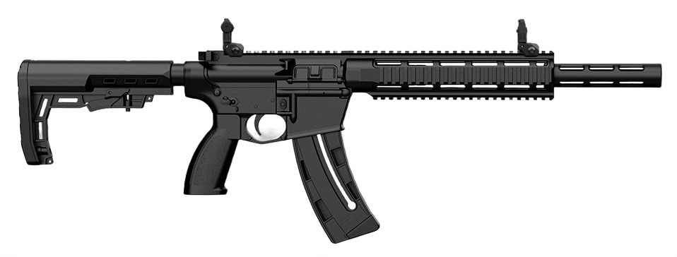 Black semi-automatic rifle on white background