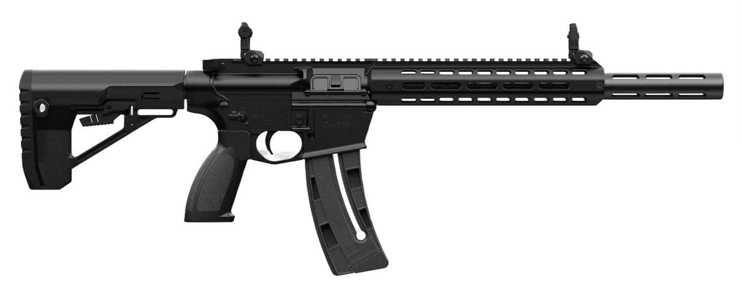 Black semi-automatic rifle on a white background