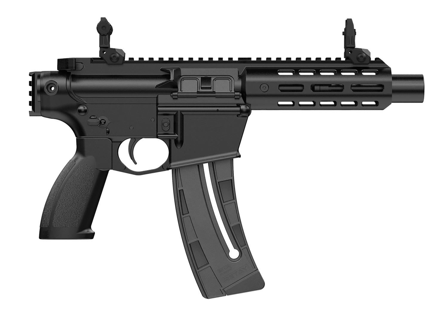 Black firearm with extended magazine