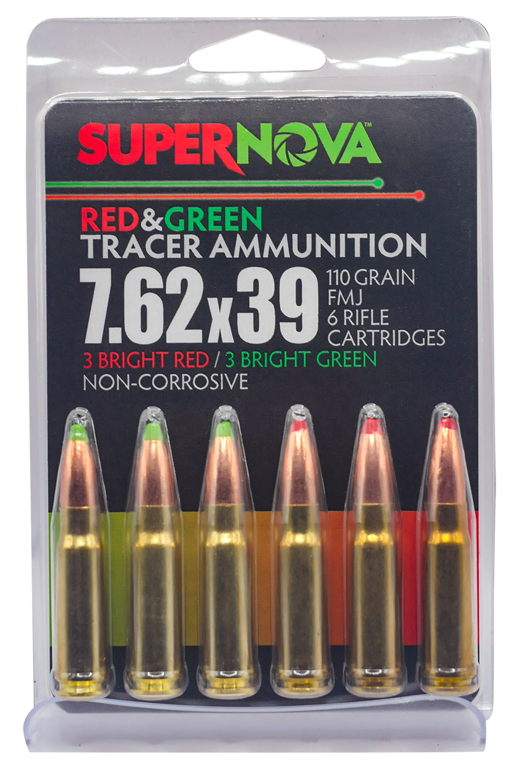 Supernova 7.62x39 red and green tracer ammunition
