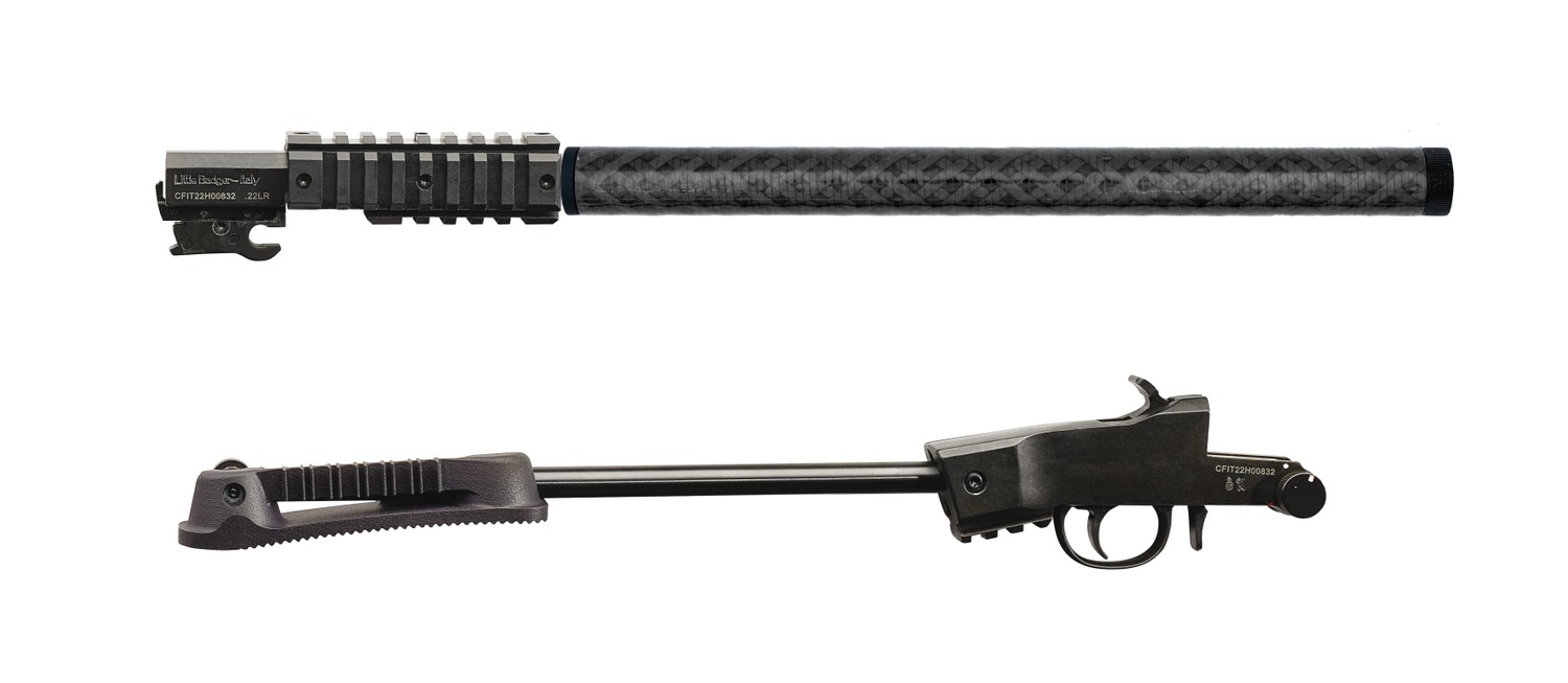 Rifle barrel and receiver components on white background