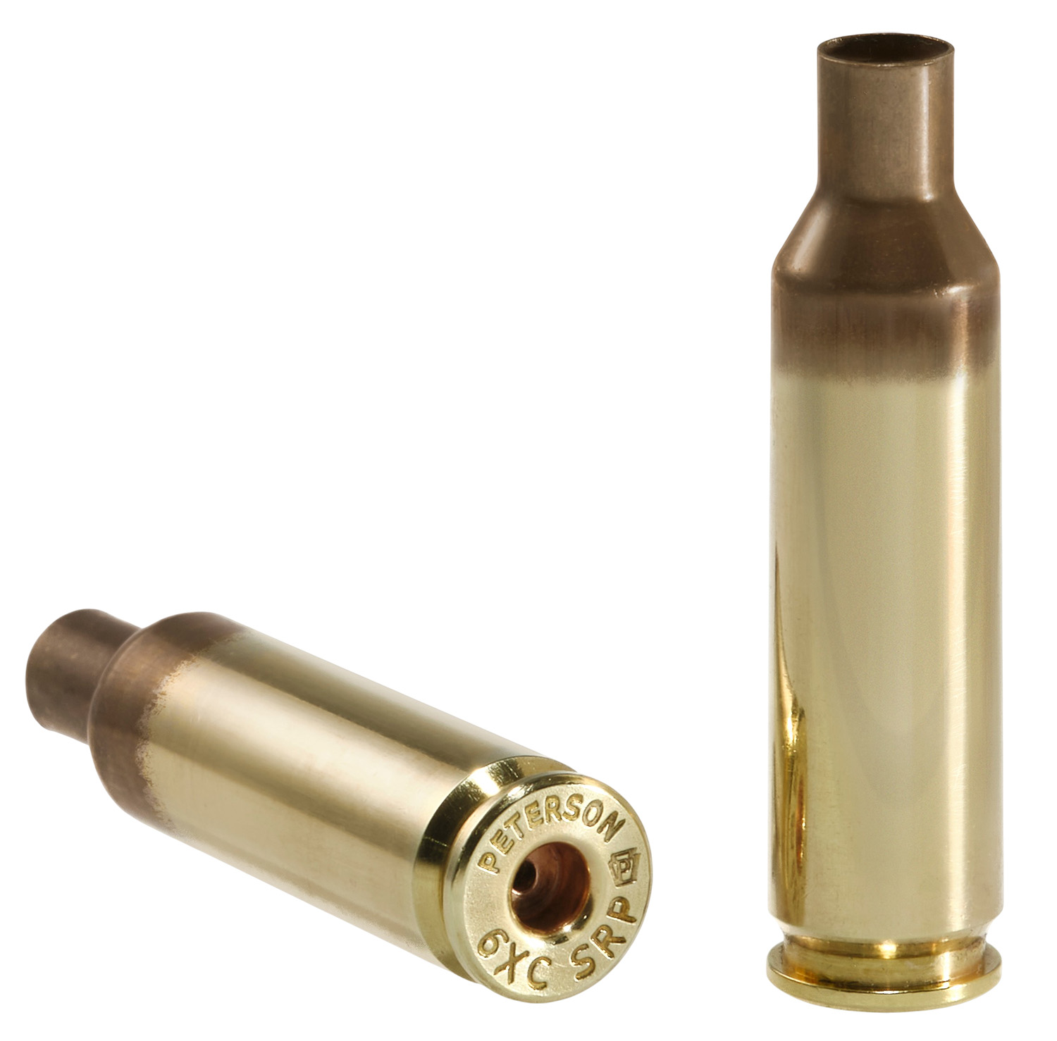 Two brass rifle cartridge casings on white background