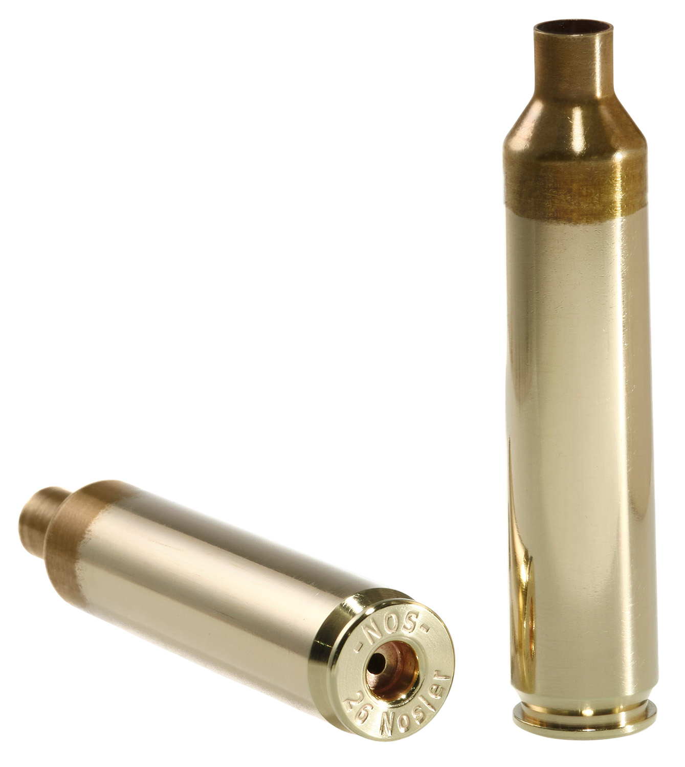 Two brass rifle cartridges on white background