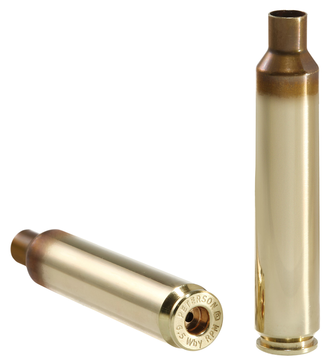 Two brass rifle cartridges on white background