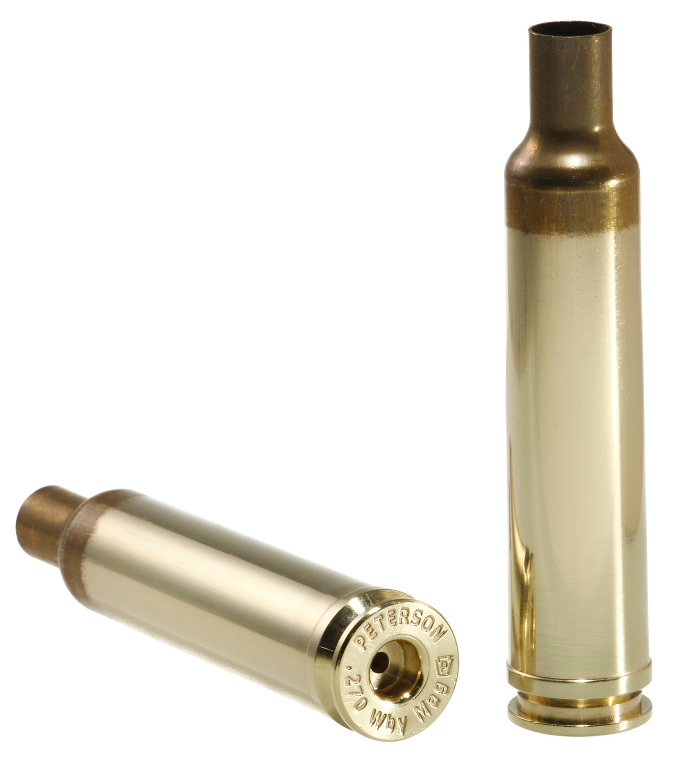 Two brass rifle cartridges on white background