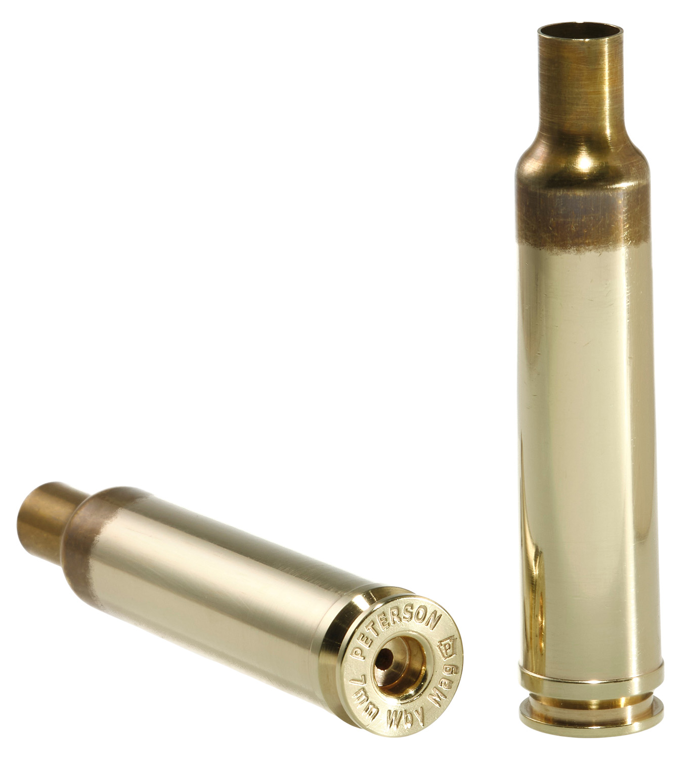 Two brass rifle cartridge cases on white background