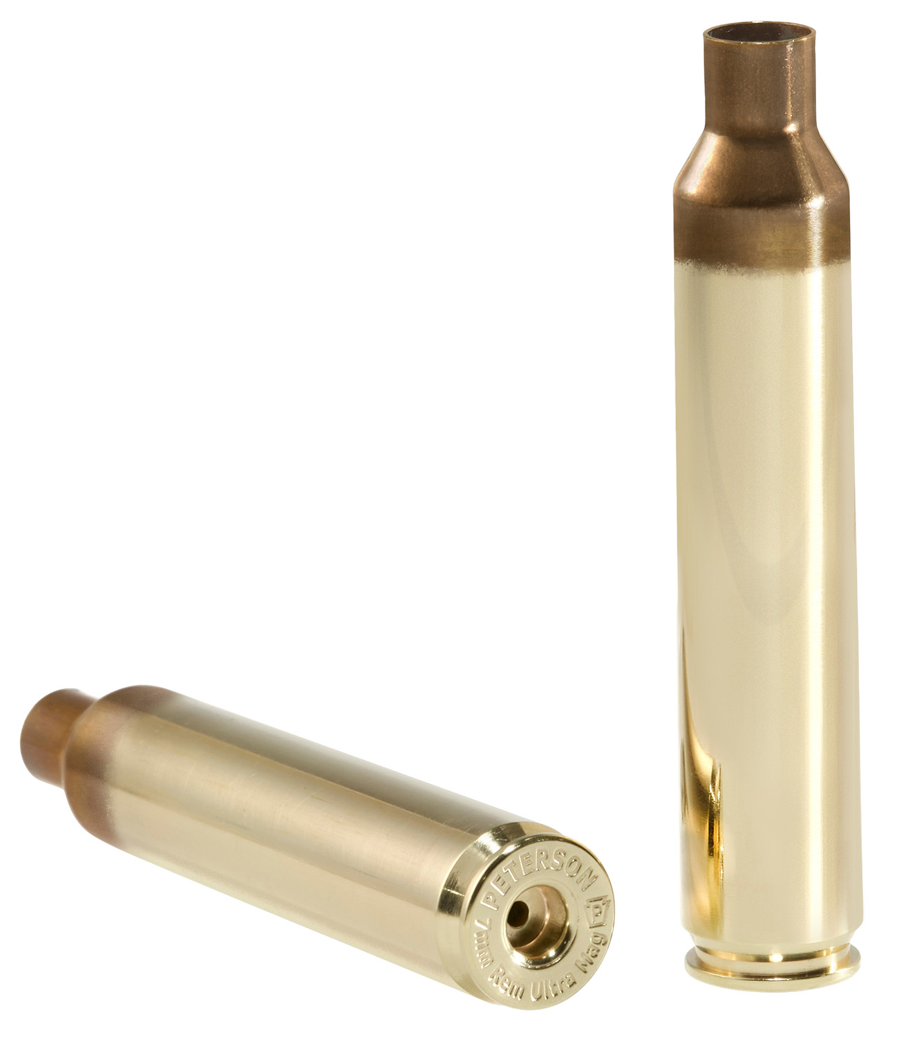 Two brass rifle cartridges on white background
