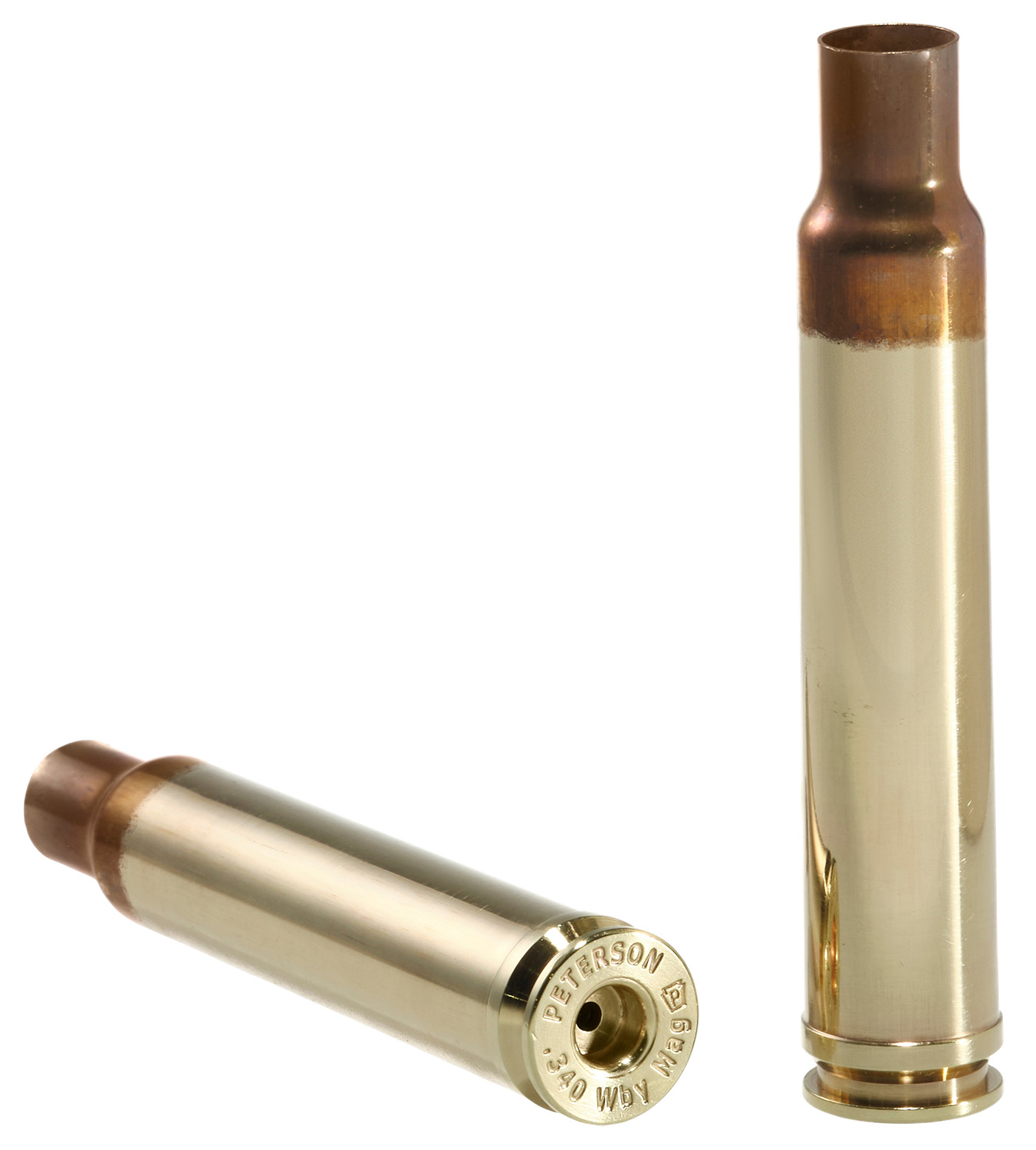Two brass rifle cartridges on white background