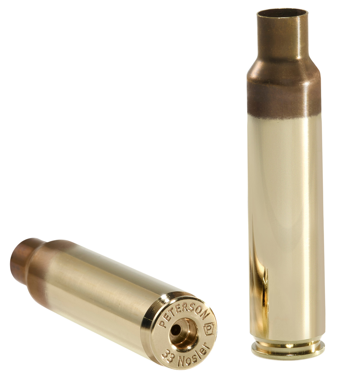 Two brass 33 Nosler rifle cartridges