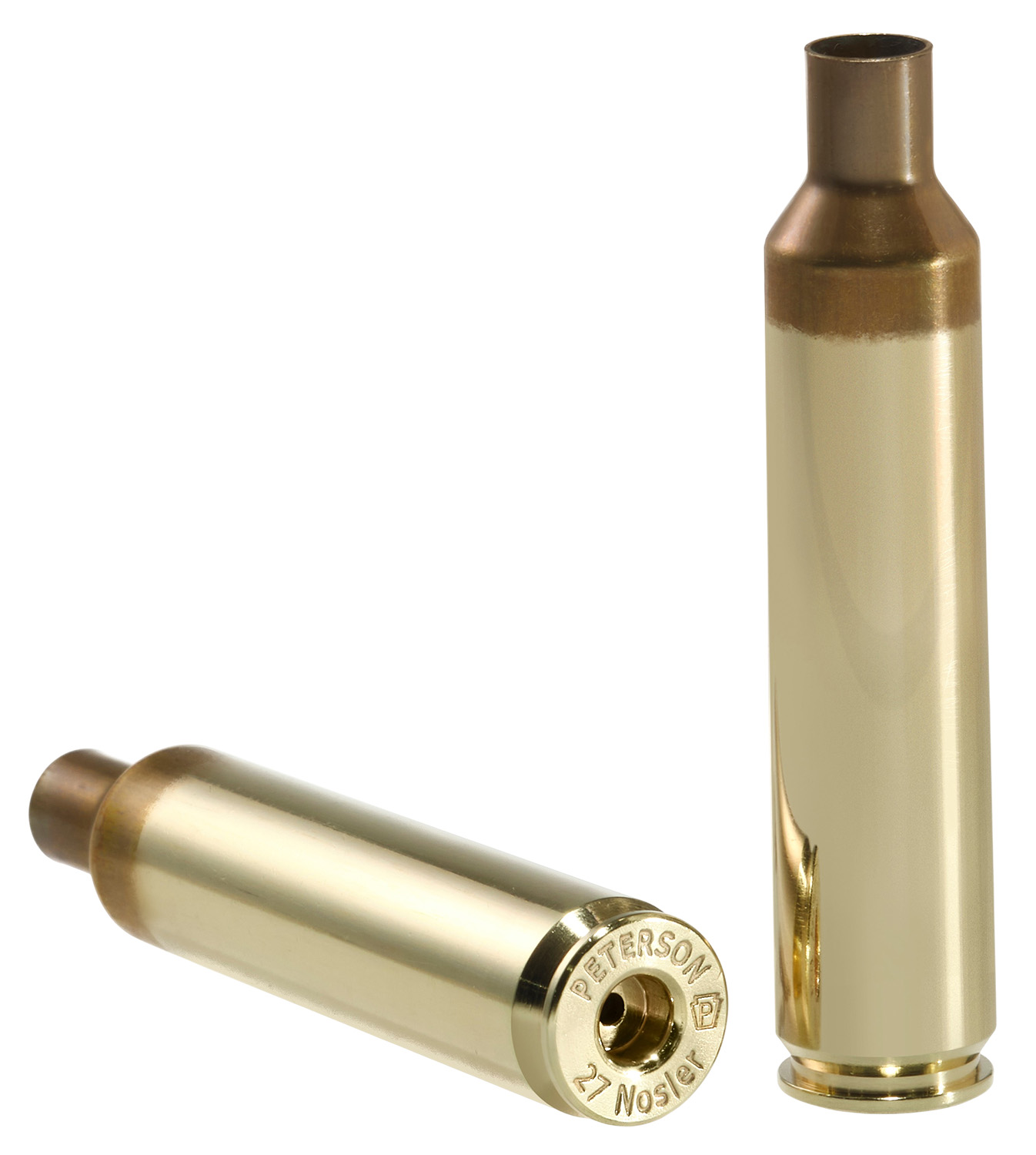Two brass 27 Nosler rifle cartridge cases