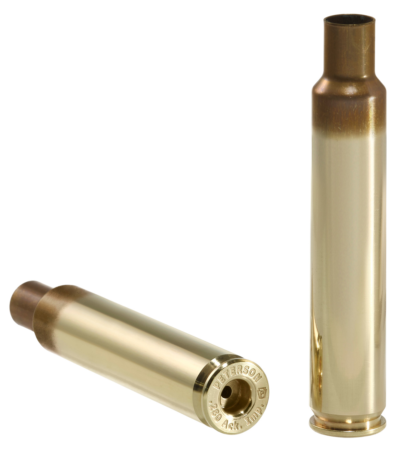 Two brass rifle cartridge cases on white background