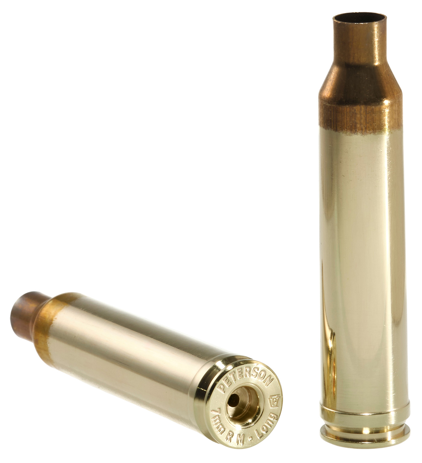 Two brass rifle cartridges on white background