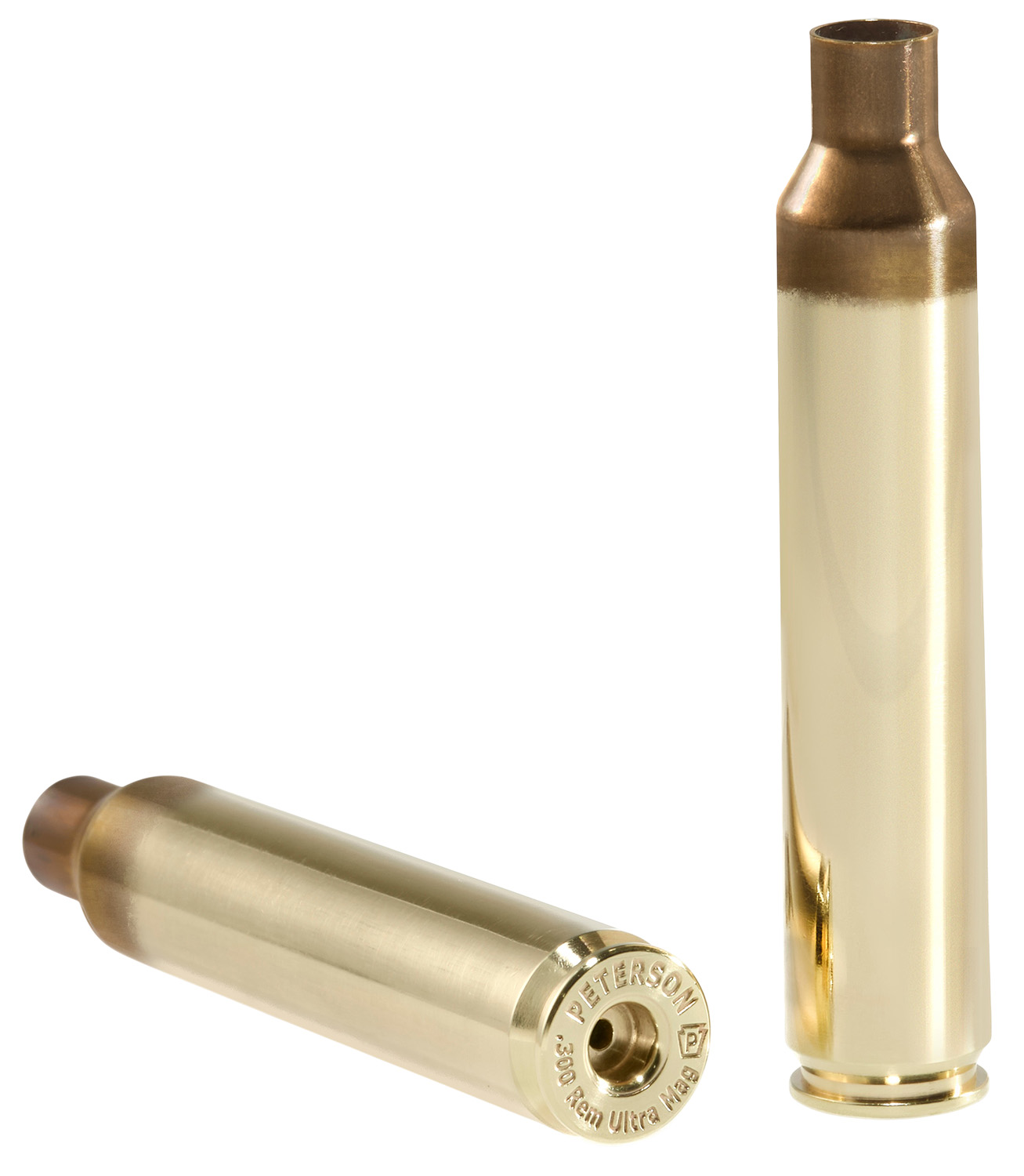 Two brass rifle cartridges on white background