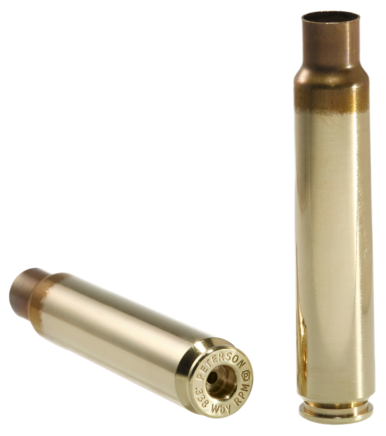 Two brass .338 WM rifle cartridge cases