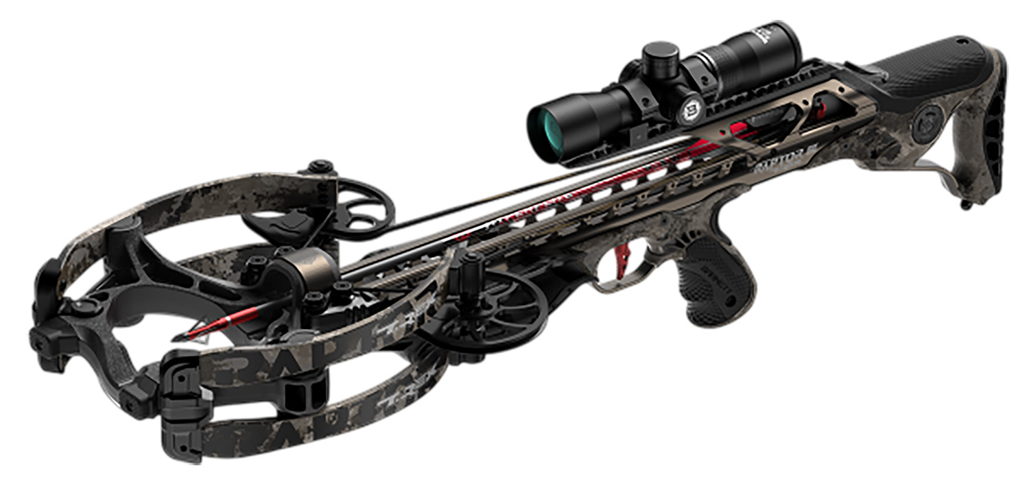 Camouflage compound crossbow with scope and mounted bolt