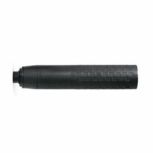 Black cylindrical firearm suppressor on white background