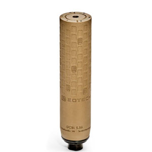 Tan cylindrical firearm suppressor on white background