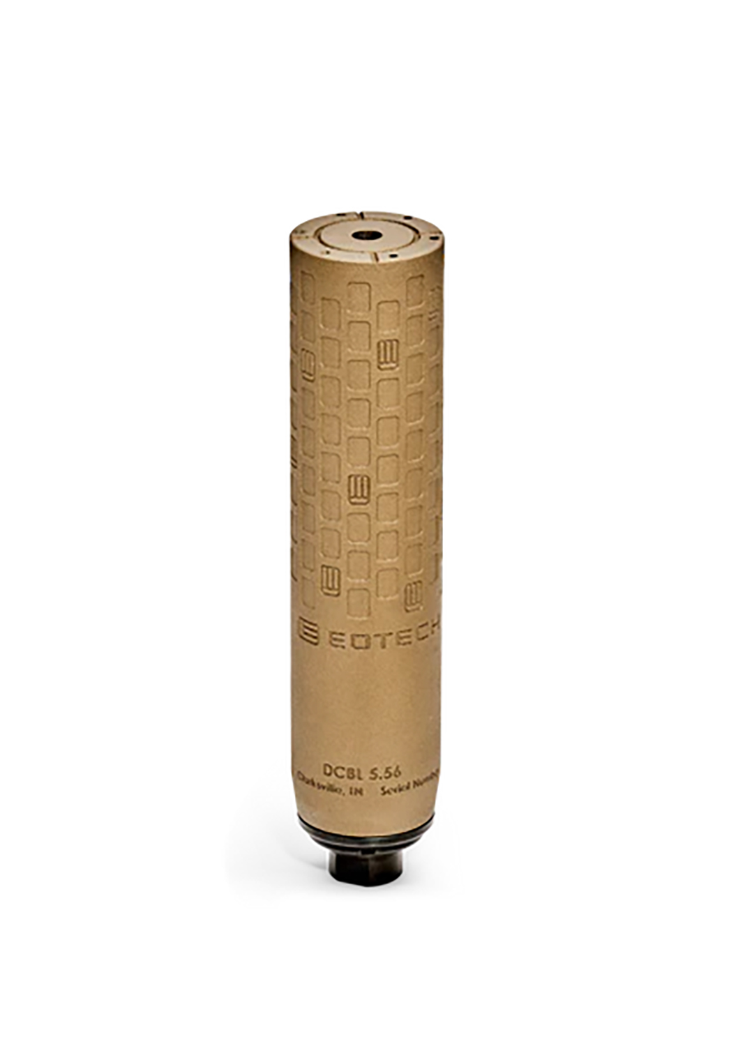 Tan cylindrical firearm suppressor on white background