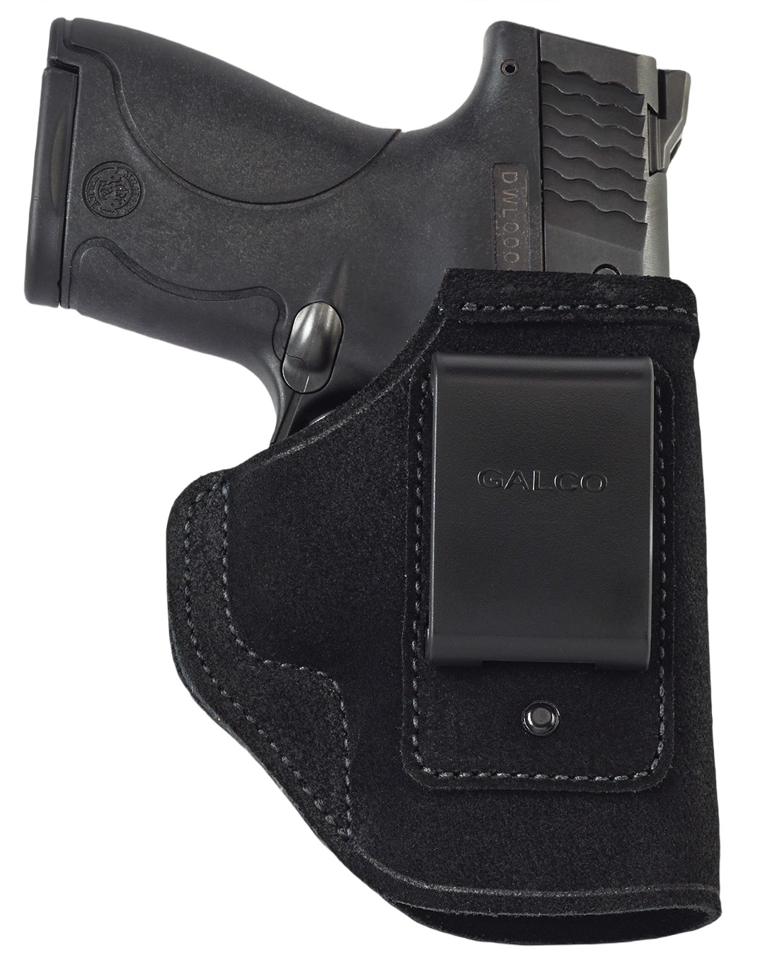 Compact handgun in black leather holster