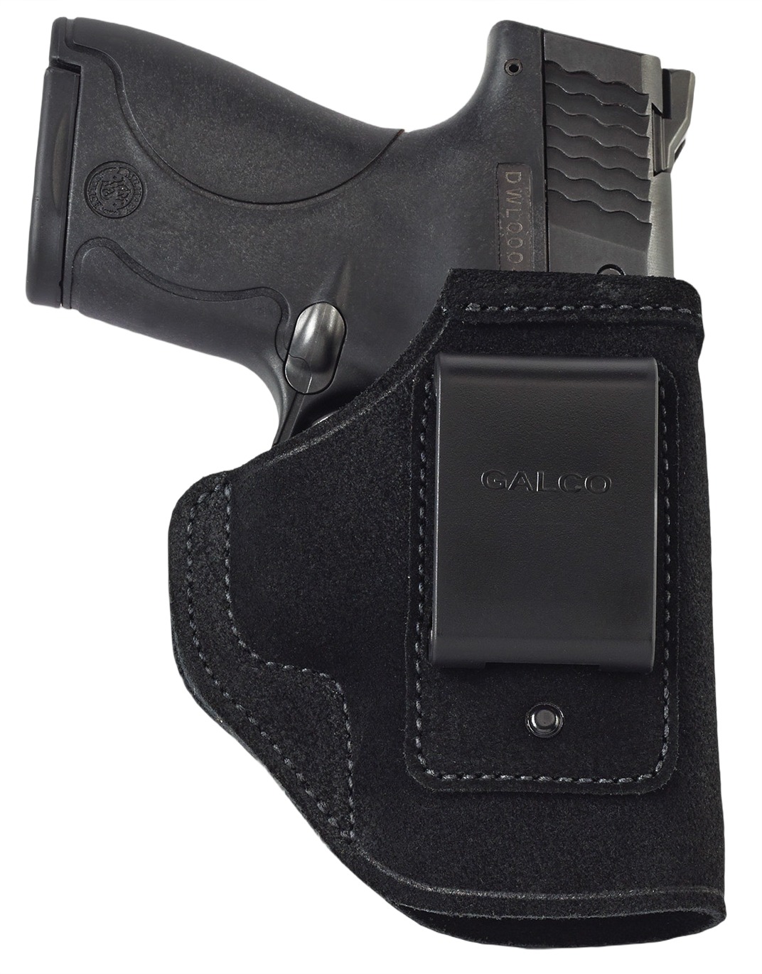 Handgun in black leather holster with belt clip