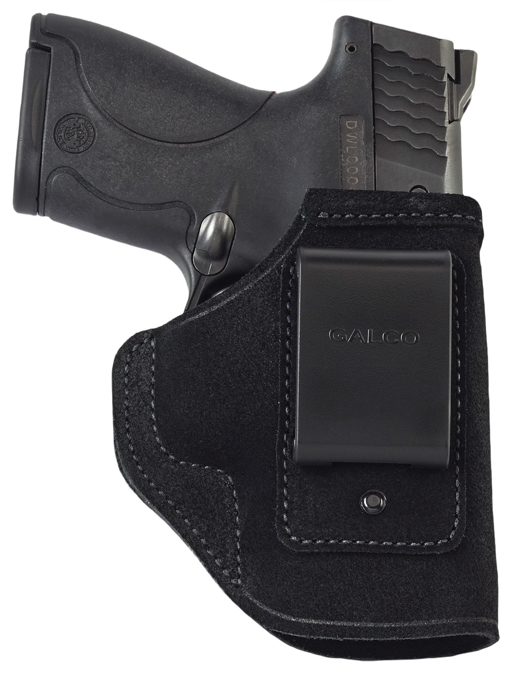 Black handgun in leather belt holster