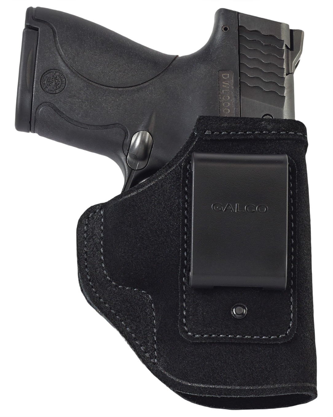 Black handgun in leather belt holster