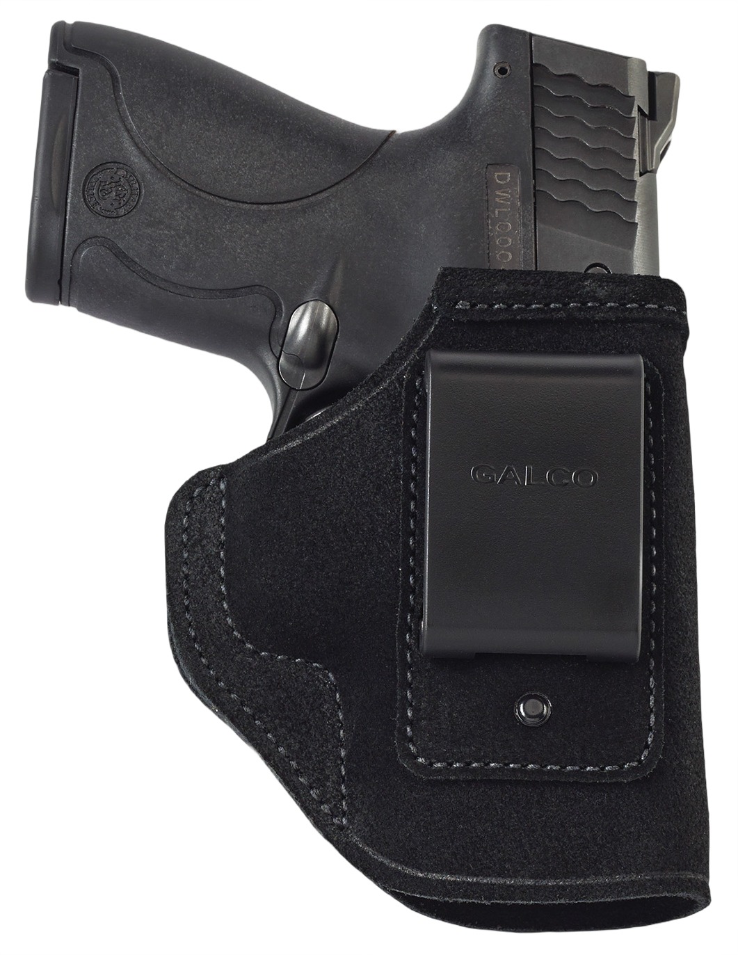 Handgun in black leather belt holster