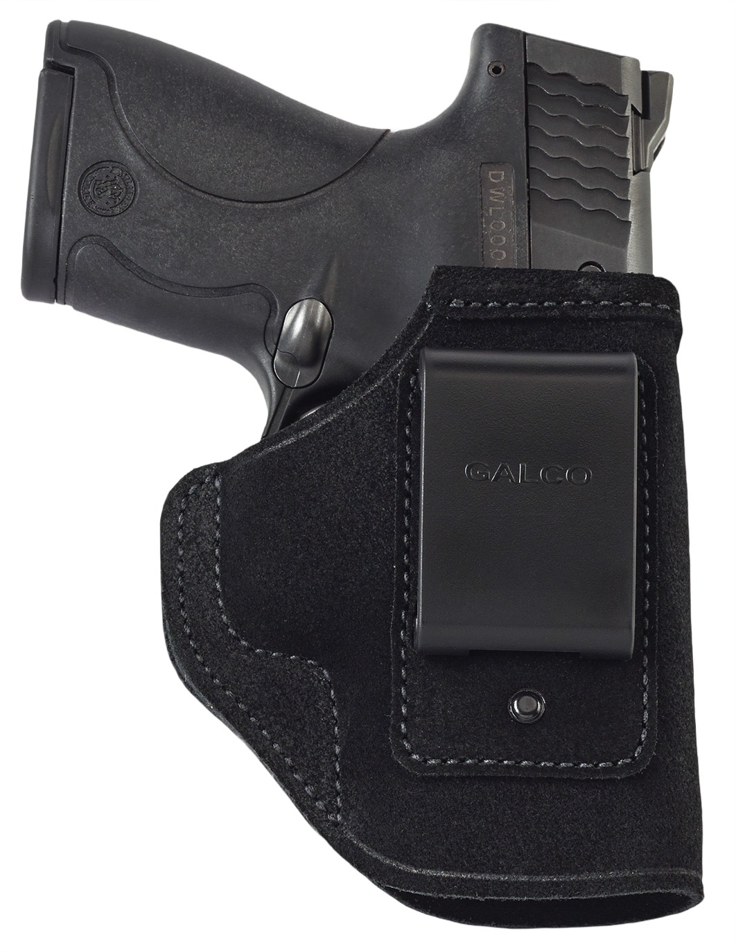 Handgun in black leather belt holster