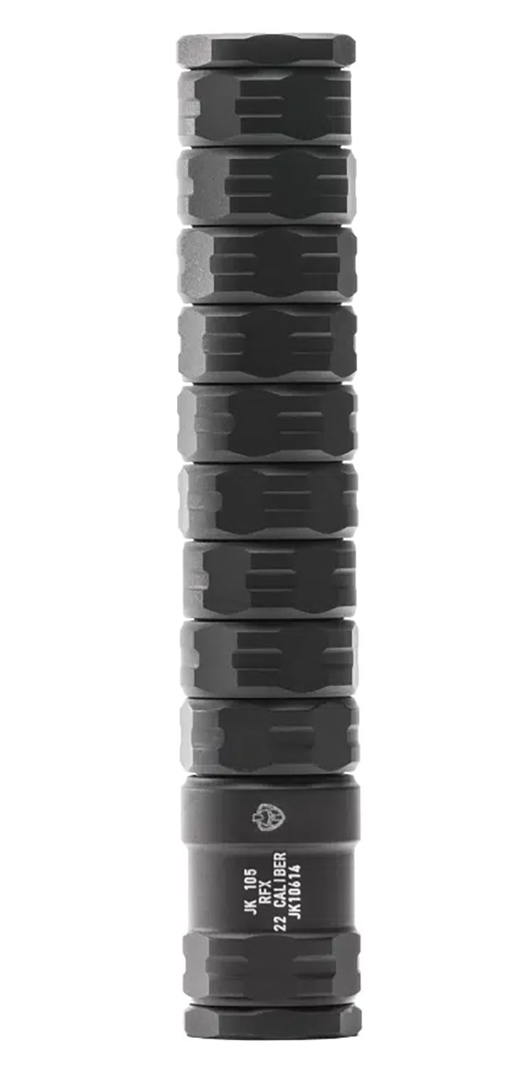 Black cylindrical firearm suppressor with segmented baffles