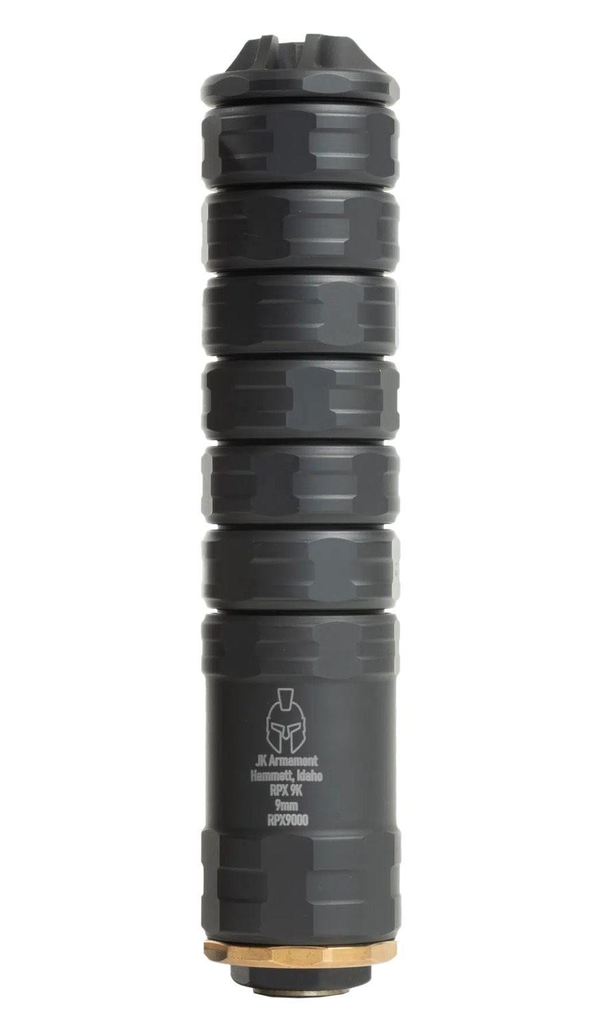 Black cylindrical 9mm firearm suppressor