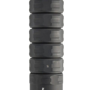 Black cylindrical firearm suppressor with textured grip