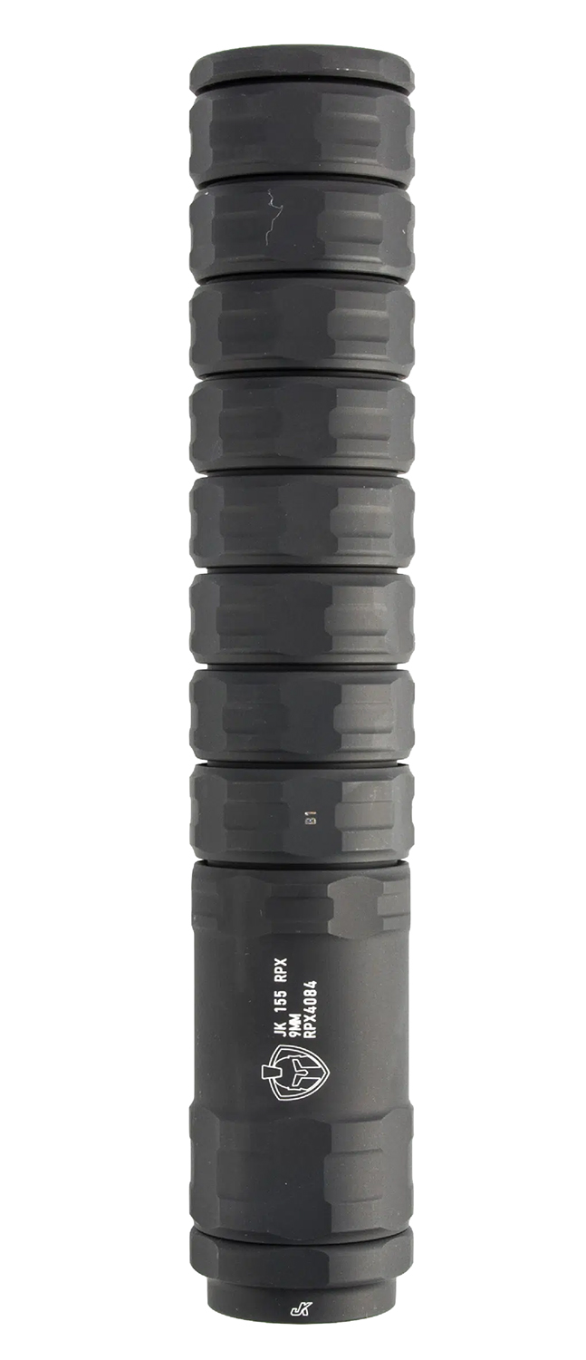 Black cylindrical firearm suppressor with textured grip