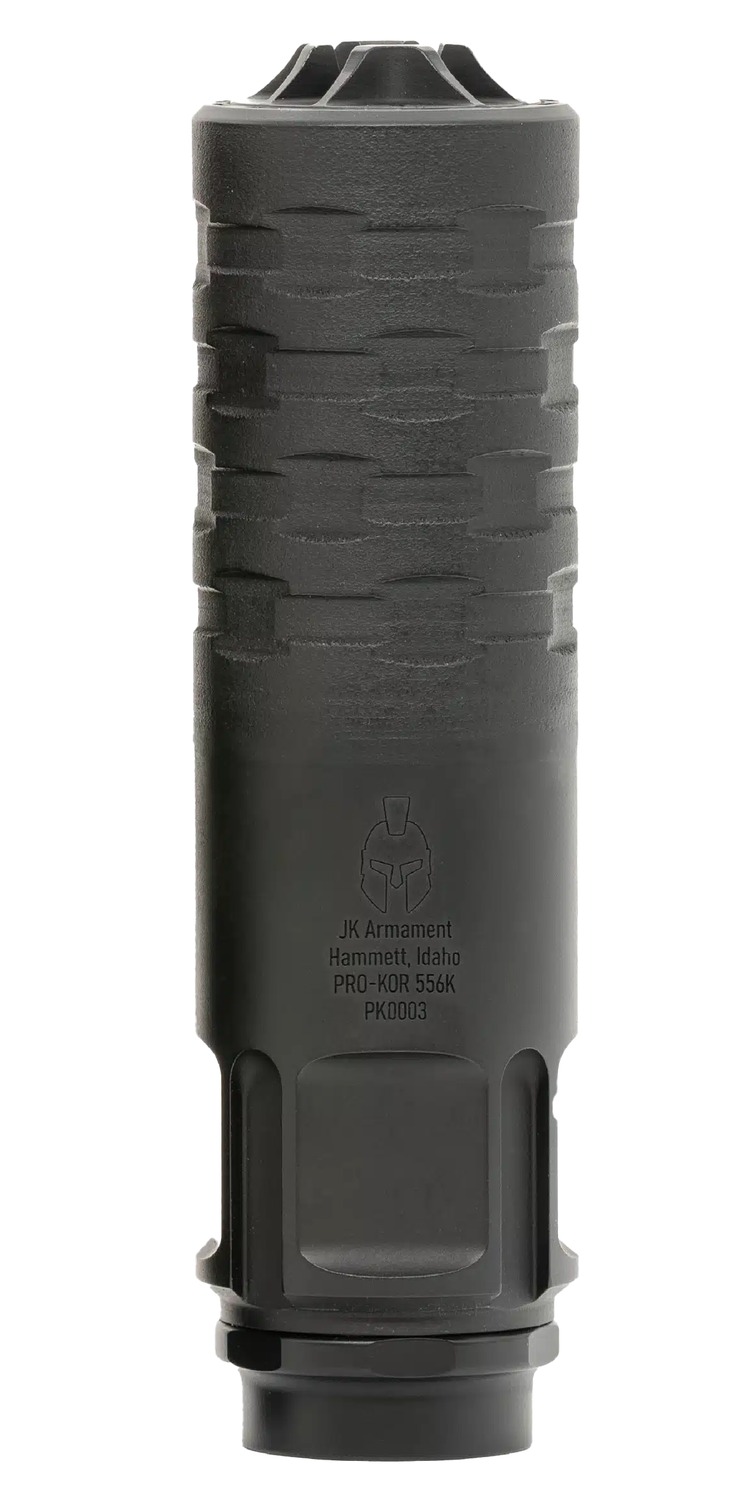 Black cylindrical rifle suppressor with textured grip
