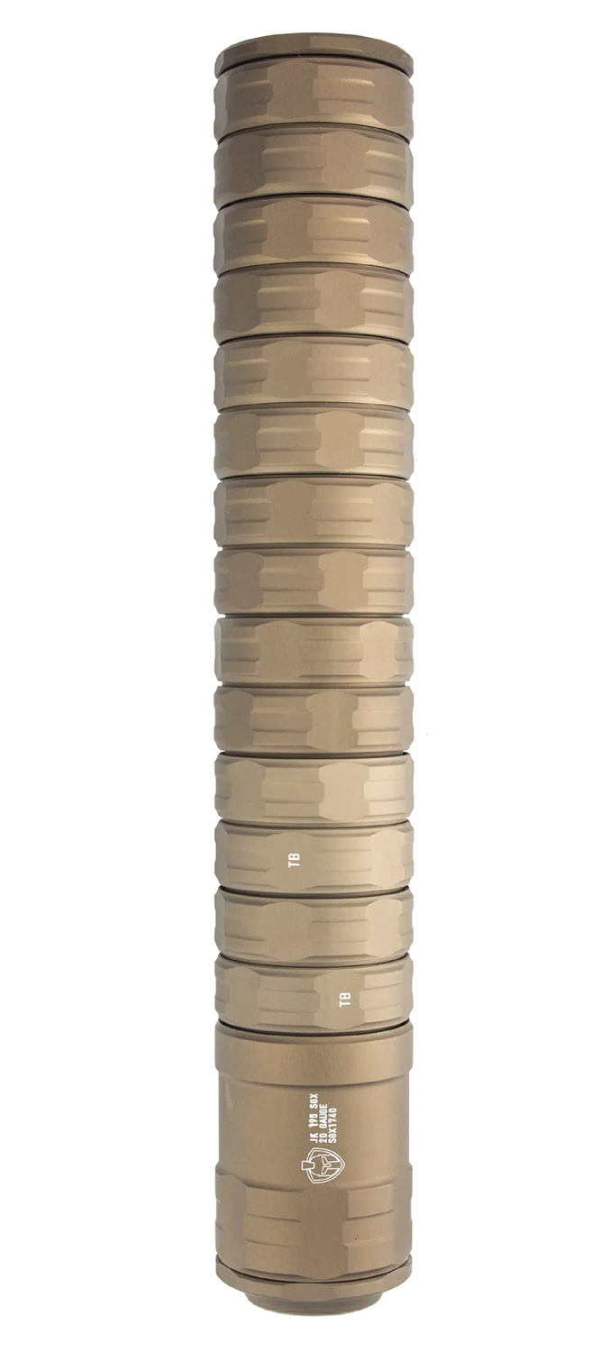 Tan modular cylindrical suppressor on white background