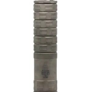 Gray cylindrical military smoke grenade canister