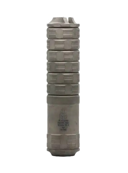 Gray cylindrical military smoke grenade canister