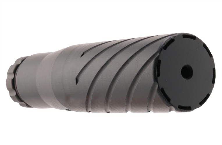Black firearm suppressor with spiral fluted design