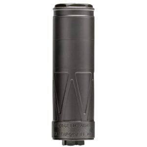 Black cylindrical firearm suppressor on white background