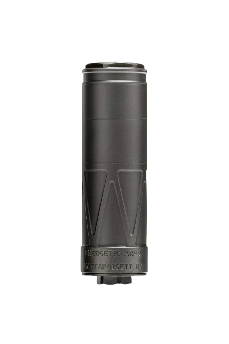 Black cylindrical firearm suppressor on white background