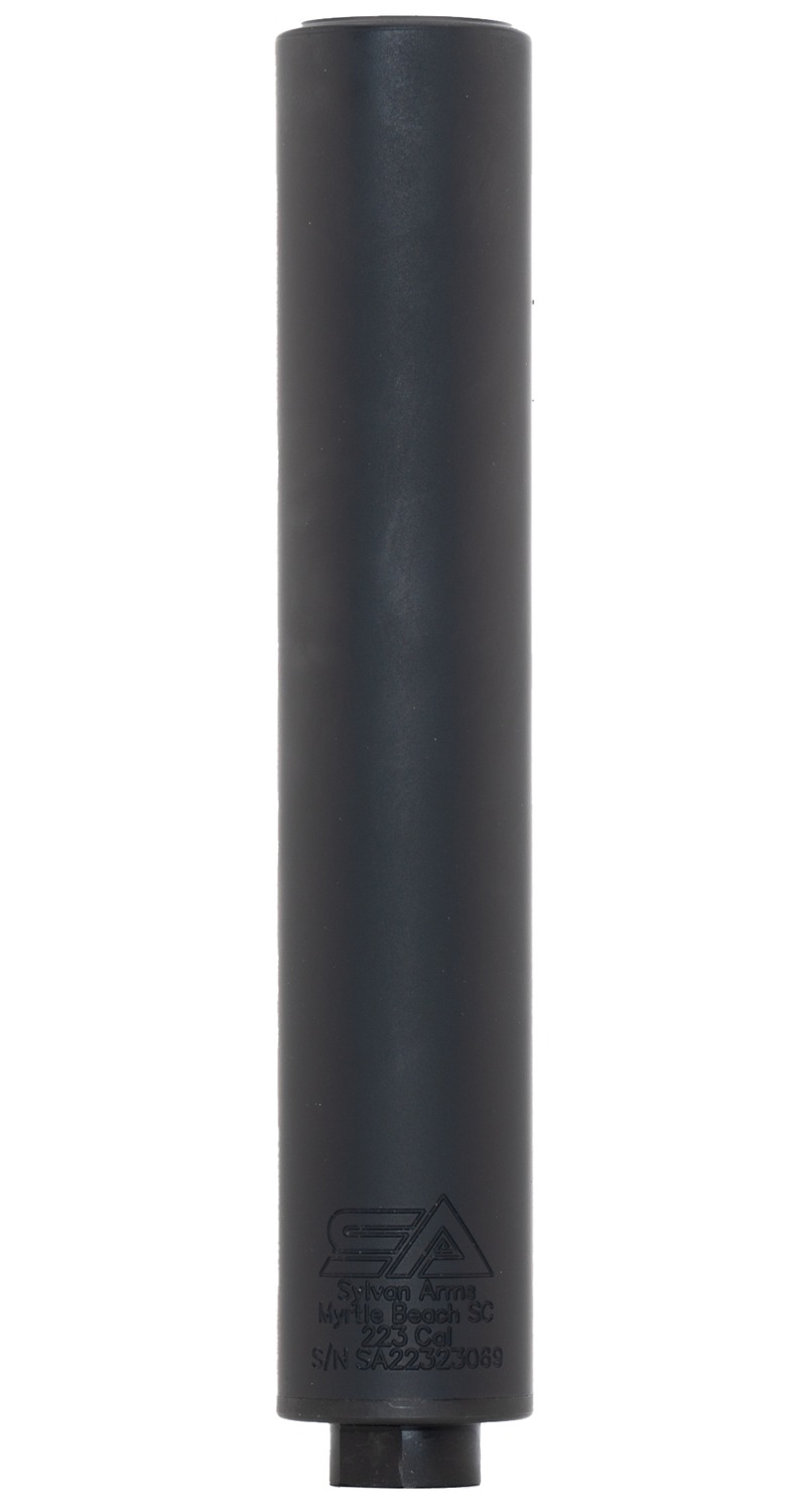Black cylindrical firearm suppressor on white background