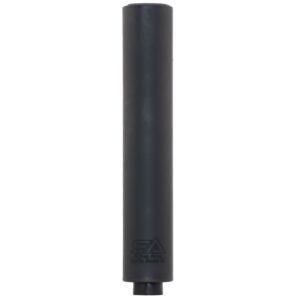Black cylindrical firearm suppressor on white background