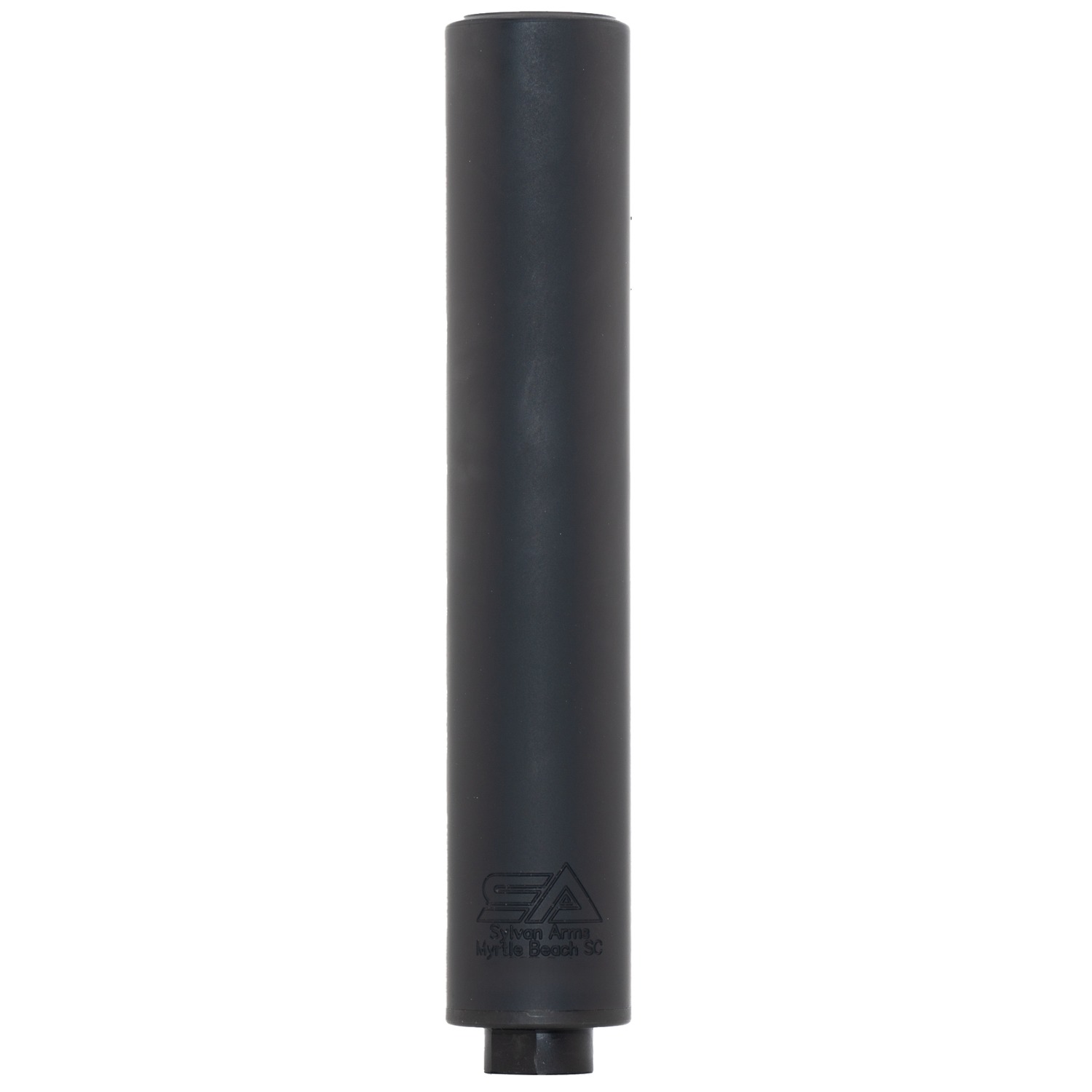 Black cylindrical firearm suppressor on white background