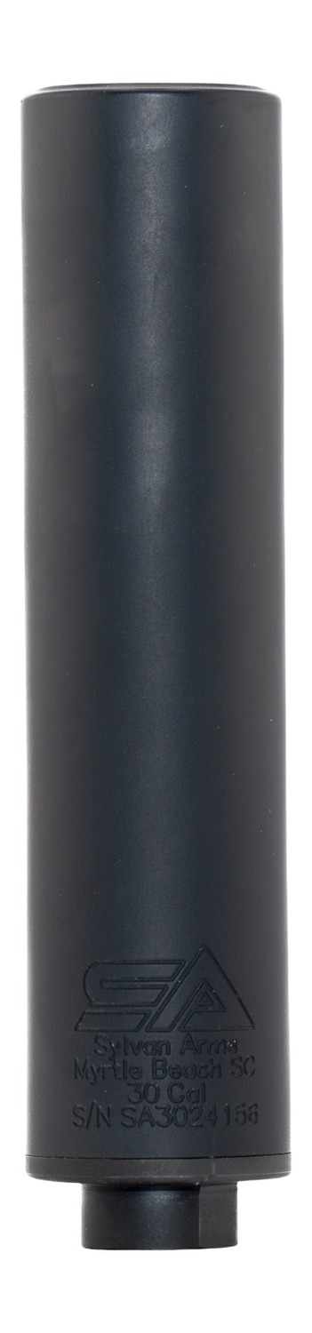 Black cylindrical 30 caliber firearm suppressor