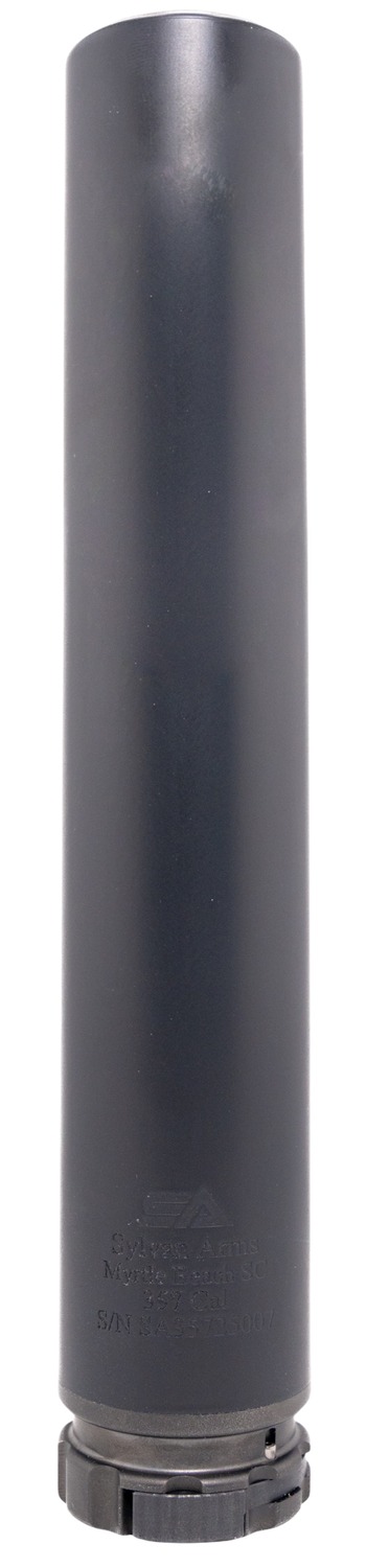 Black cylindrical firearm suppressor on white background