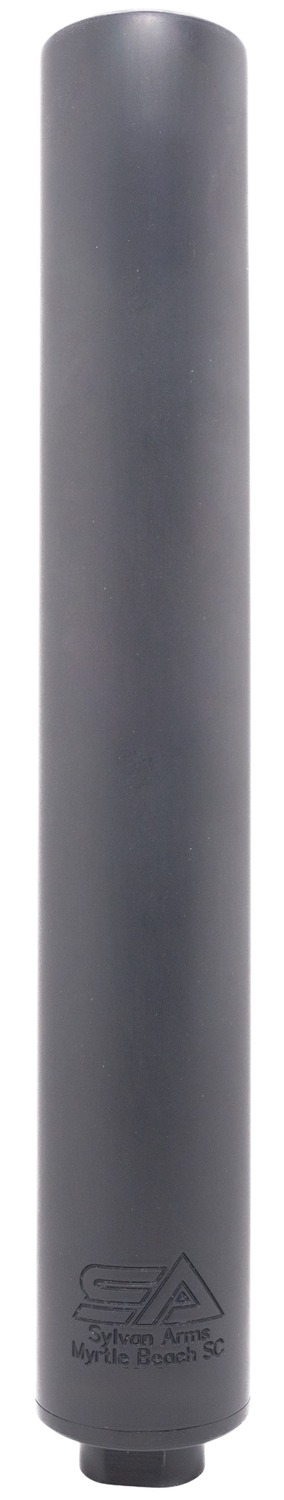 Black cylindrical firearm suppressor with Sylvan Arms logo