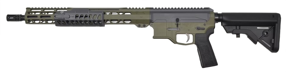 Modern AR-15 style rifle on white background