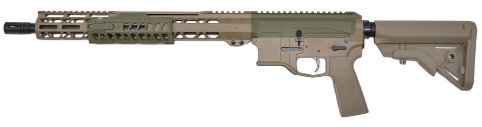 Tan modern semi-automatic rifle with adjustable stock