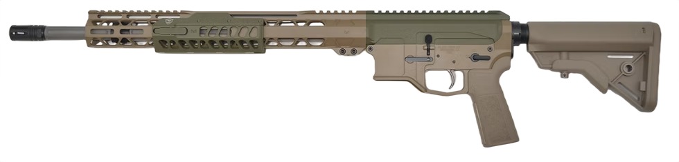 Modern rifle with tactical features and camouflage colors.